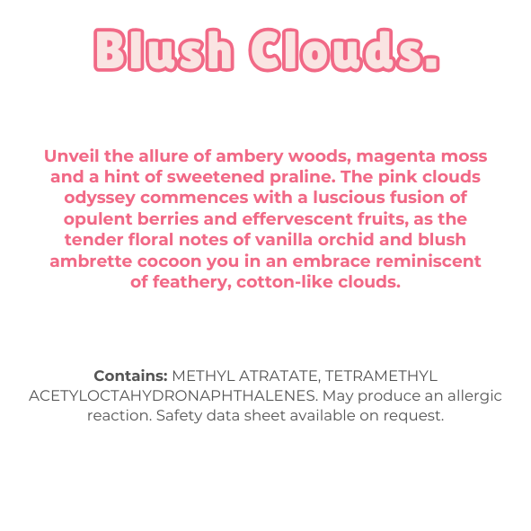 Knitted Heart Clamshell with scent description (Unveil the allure of ambery woods, magenta moss and a hint of sweetened praline. The pink clouds odyssey commences with a luscious fusion of opulent berries and effervescent fruits, as the tender floral notes of vanilla orchid and blush ambrette cocoon you in an embrace reminiscent of feathery, cotton-like clouds) and ingredients - Nature's Scent ®