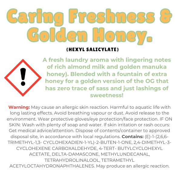 Knitted Heart Clamshell with scent description (A fresh laundry aroma with lingering notes of rich almond milk and golden manuka honey). Blended with a fountain of extra honey for a golden version of the OG that has zero trace of sass and just lashings of sweetness!) and ingredients - Nature's Scent ®