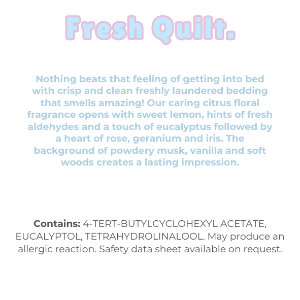 Knitted Heart Clamshell with scent description (Nothing beats that feeling of getting into bed with crisp and clean freshly laundered bedding that smells amazing! Our caring citrus floral fragrance opens with sweet lemon, hints of fresh aldehydes and a touch of eucalyptus followed by a heart of rose, geranium and iris. The background of powdery musk, vanilla and soft woods creates a lasting impression), and ingredients - Nature's Scent ®