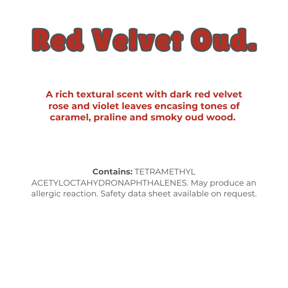 Knitted Heart Clamshell with scent description (A rich textural scent with dark red velvet rose and violet leaves encasing tones of caramel, praline and smoky oud wood), and ingredients - Nature's Scent ®